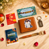 Rakhi Combo 04 personalized gift set with artistic photo print brown wallet, matching golden flakes pen, metal keychain, Rudraksha Rakhi, roli chawal bottles and Rakshabandhan cards