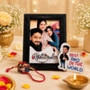 Rakhi Combo 05 Raksha Bandhan gift hamper for brother with photo frame, caricature fridge magnet and themed wooden Rakhi