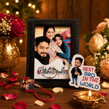 Rakhi Combo 05 festive personalized brother gift with 5x7 table frame, caricature magnet and custom theme wooden Rakhi
