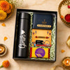 Rakhi Combo 06 festive personalized brother gift hamper with black bottle, name wallet, Rudraksha Rakhi, keychain and chocolate