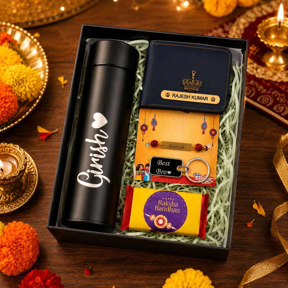 Rakhi Combo 06 personalized gift hamper with name bottle, personalized wallet, Rudraksha Rakhi, metal keychain and chocolate