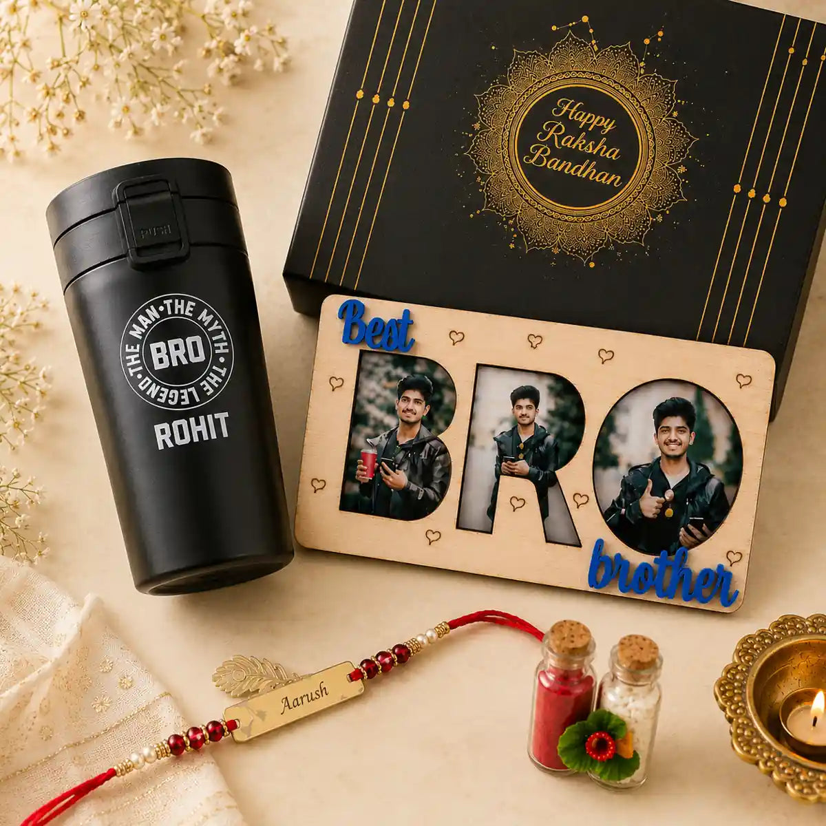 Premium personalized Rakhi hamper for brother with photo magnet, name Rakhi, travel mug and festive essentials