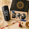 Premium personalized Rakhi hamper for brother with photo magnet, name Rakhi, travel mug and festive essentials