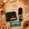 Personalized Raksha Bandhan hamper with NEXON wallet, photo keychain and custom Ratan MDF Rakhi in festive square background