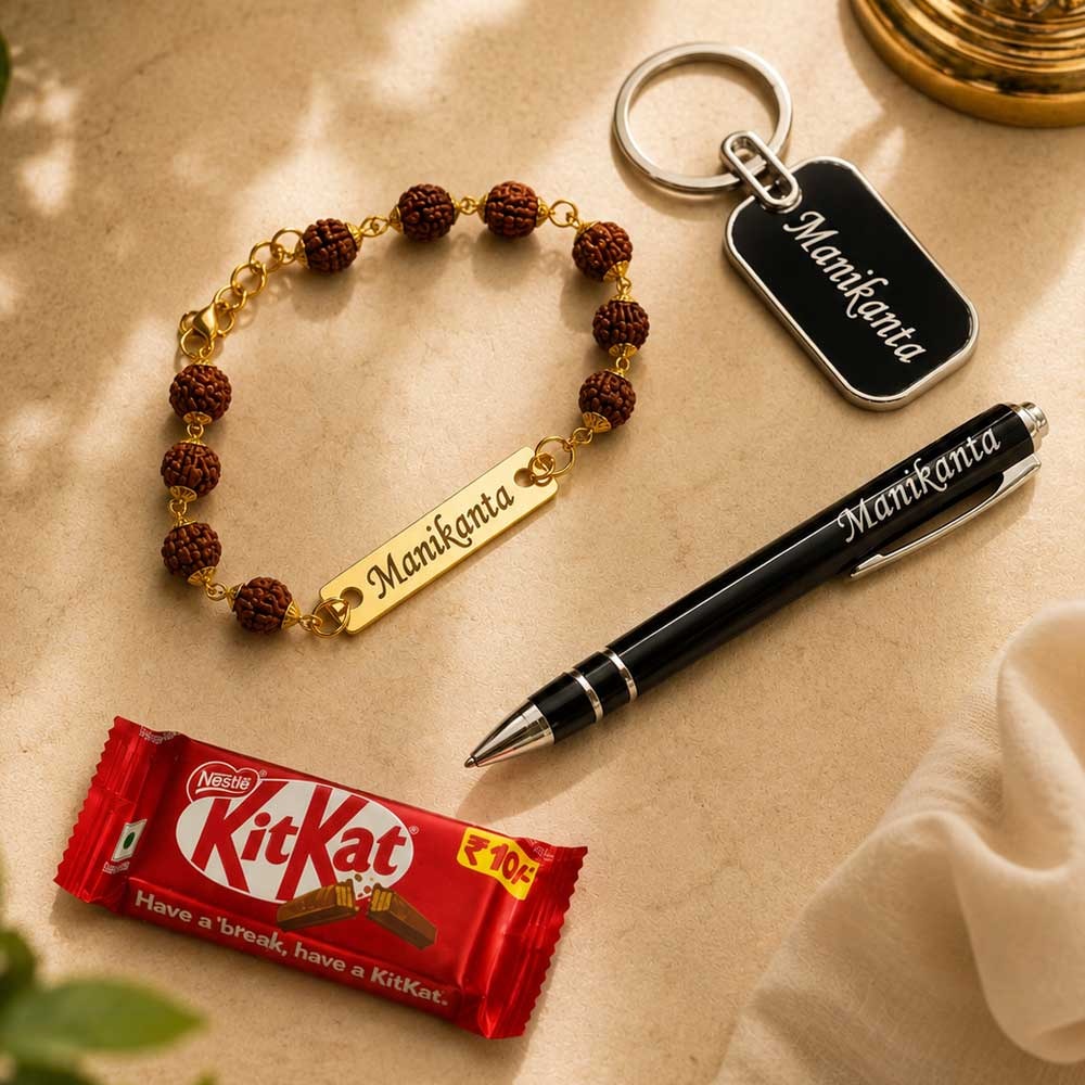Rakhi Special Combo personalized name pen keychain rudraksh rakhi and chocolate