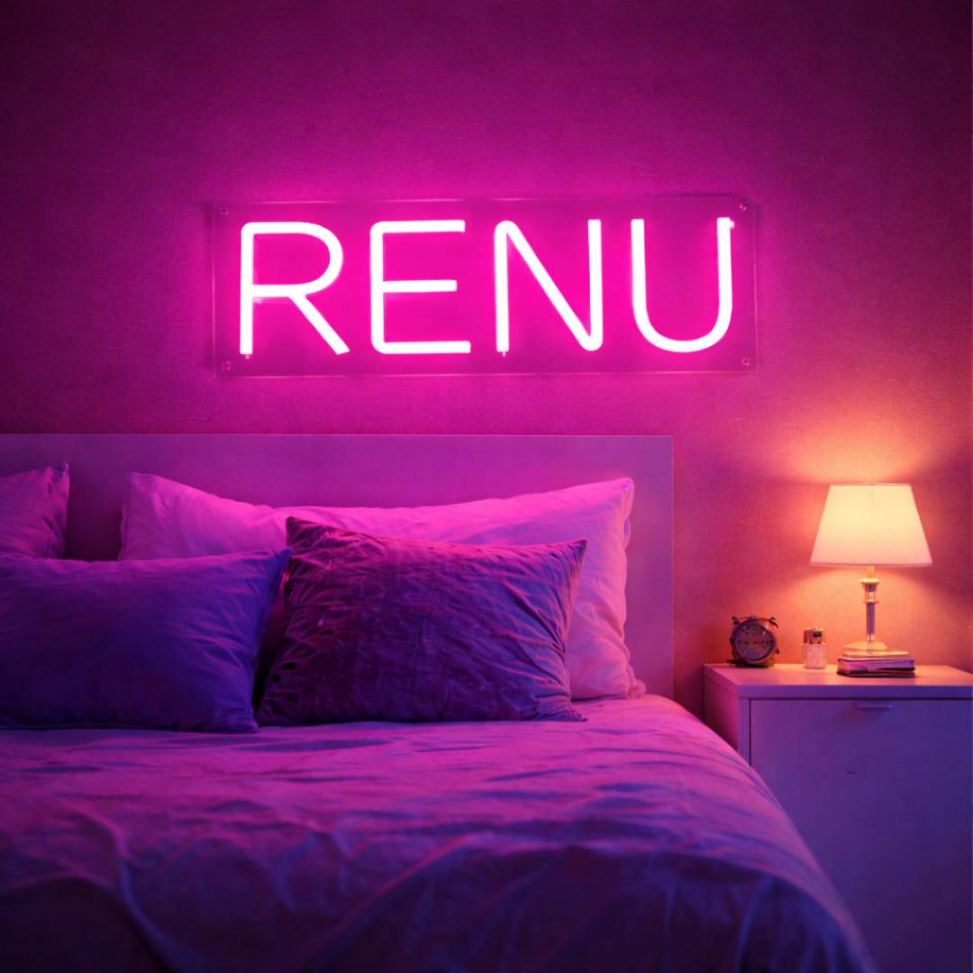Neon sign with 'RENU' in a bedroom setting

