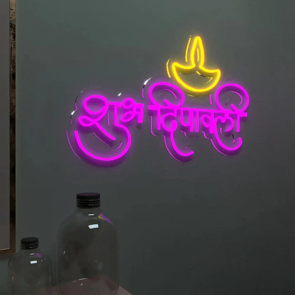 Shubh Diwali neon light dimensions 24x15.5 inches in pink and yellow LED design