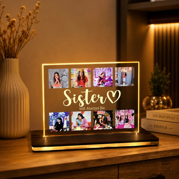 Personalized Sister photo collage acrylic LED table top lamp with warm glow