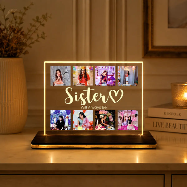 Personalized Sister photo LED acrylic table lamp in cozy warm home decor setup