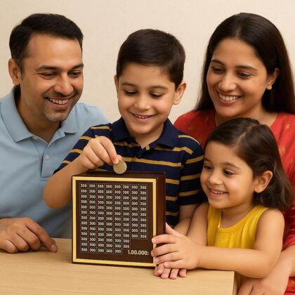 Premium Wooden 1 Lakh Money Saving Box with Gold Frame – Stylish Indian Currency Tracker Bank