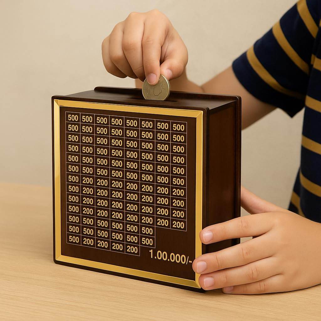 Premium Wooden 1 Lakh Money Saving Box with Gold Frame β Stylish Indian Currency Tracker Bank - Image 5