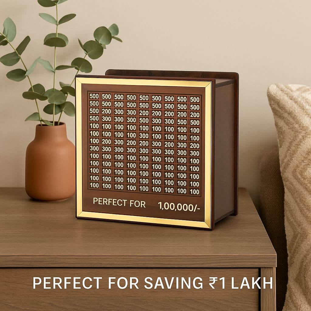 Premium Wooden 1 Lakh Money Saving Box with Gold Frame β Stylish Indian Currency Tracker Bank - Image 6
